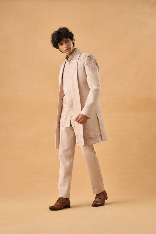 Beige Long Open Jacket Indo western Set