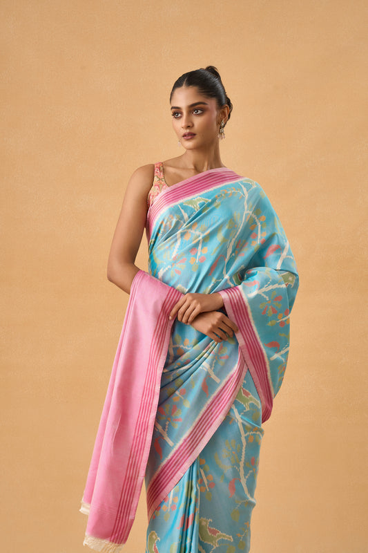 Powder Blue Patola Silk Saree With Hand Weave Figure Motif
