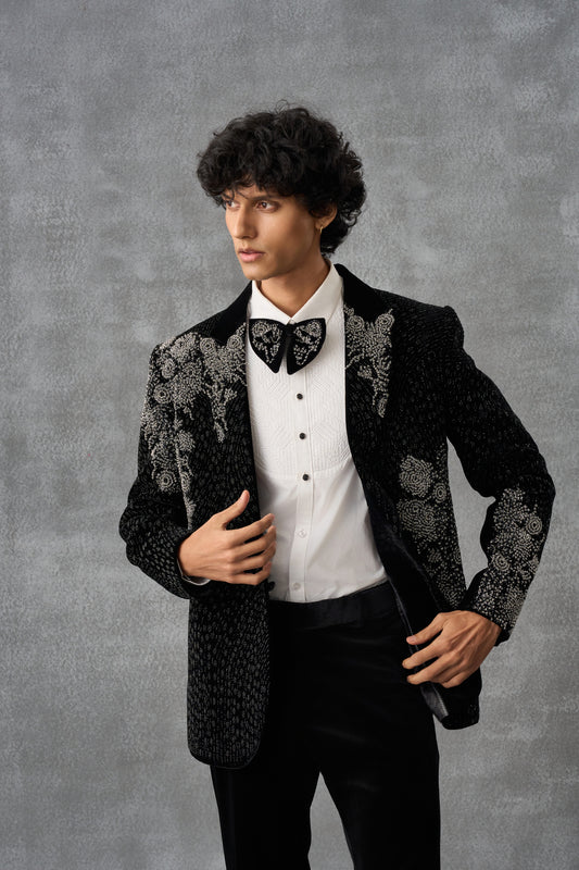Black Tuxedo Set With Silver Handwork Detailing