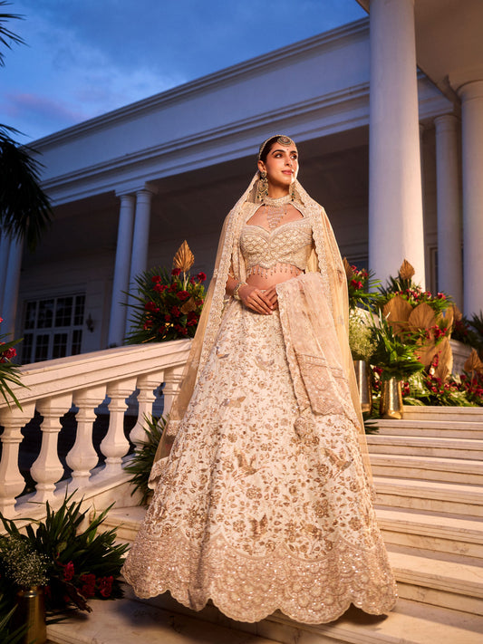 Off-White Heavy Zardosi Work Lehenga With Bird Motif