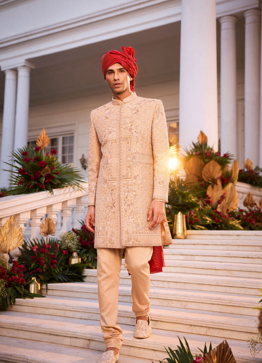 Almond Raw Silk Sherwani Set With Zardosi & French Knot Work