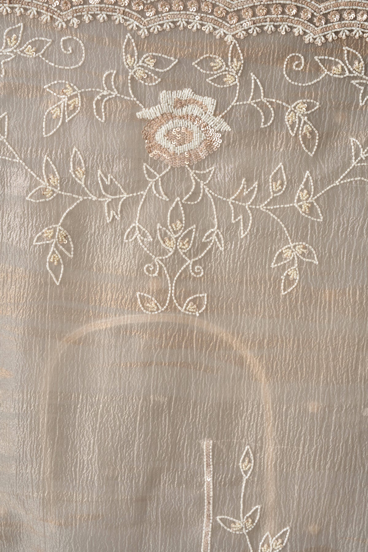 Light Beige Crushed Tissue Saree With Pearl and Sequins Handwork