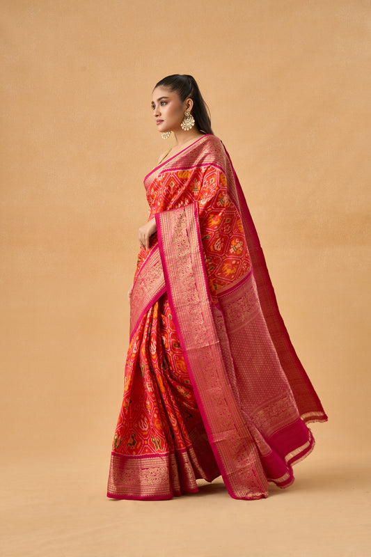 Orange Patola Silk Heritage Saree With Banarasi Border