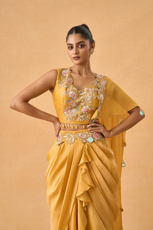 Yellow Tissue Indowestern Drape Set