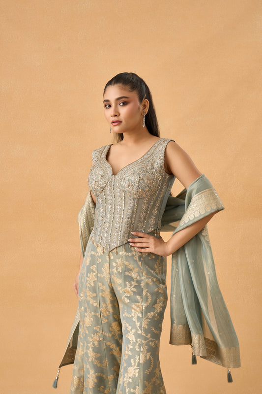 Sage Grey Banarasi Tissue Indowestern Palazzo Set