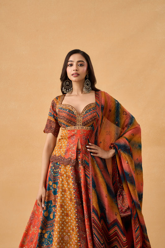 Multi-Colour Ajrakh Lehenga Set With Potli