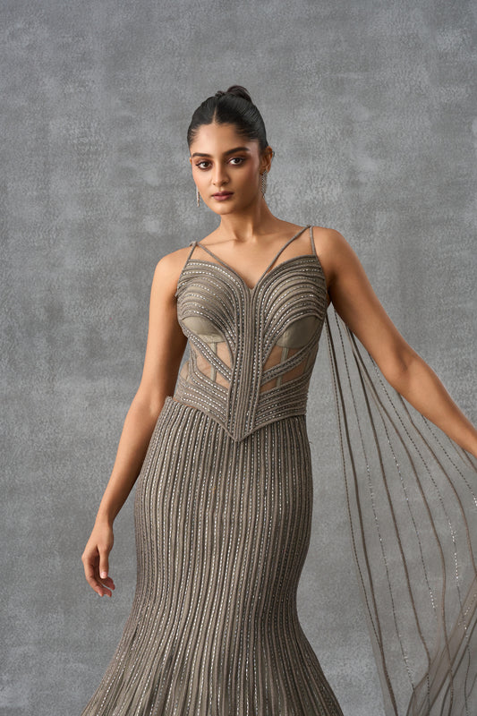 Grey Swarovski Fishcut Indowestern Lehenga