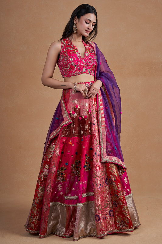Rani Multicolour Banarasi Lehenga Set With Handwork And Pearl Detailing