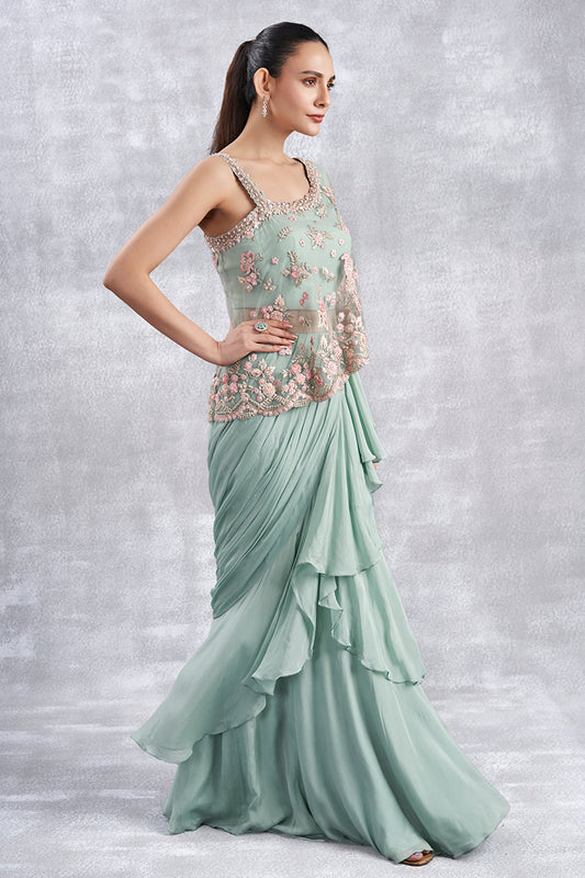 Aqua Indowestern Drape Gown With Attached Cape