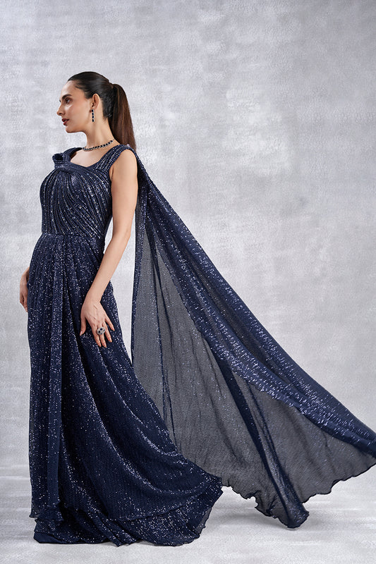 Navy Blue Sequins Cocktail Gown