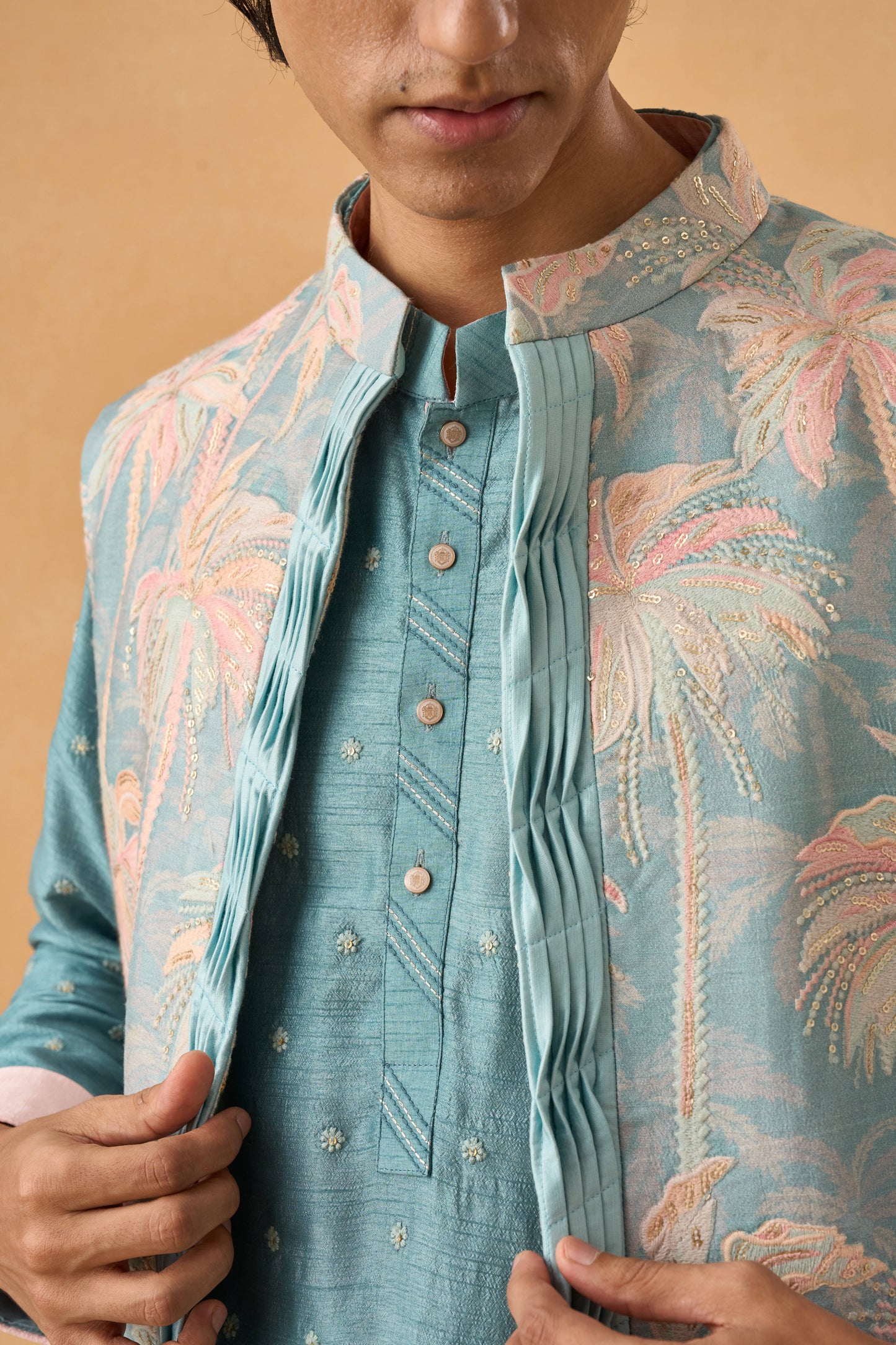 Aqua Kurta Bandi Set In Raw Silk