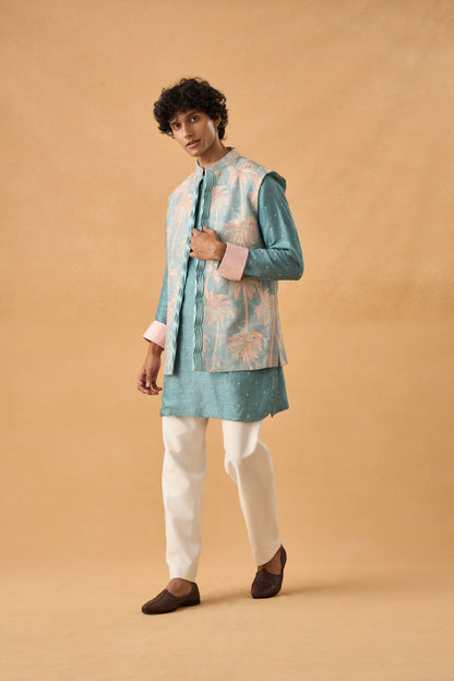 Aqua Kurta Bandi Set In Raw Silk