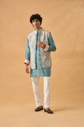 Aqua Kurta Bandi Set In Raw Silk