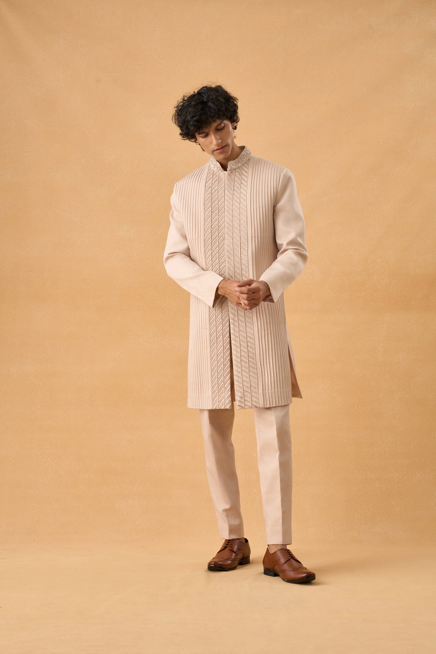 Light Beige Sherwani In Suede