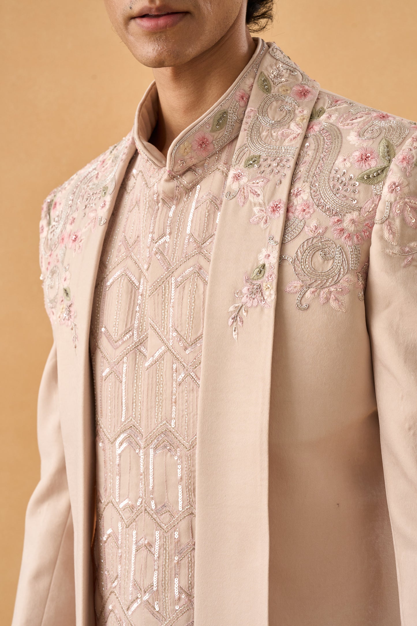 Beige Long Open Jacket Indo western Set
