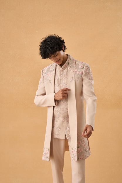 Beige Long Open Jacket Indo western Set