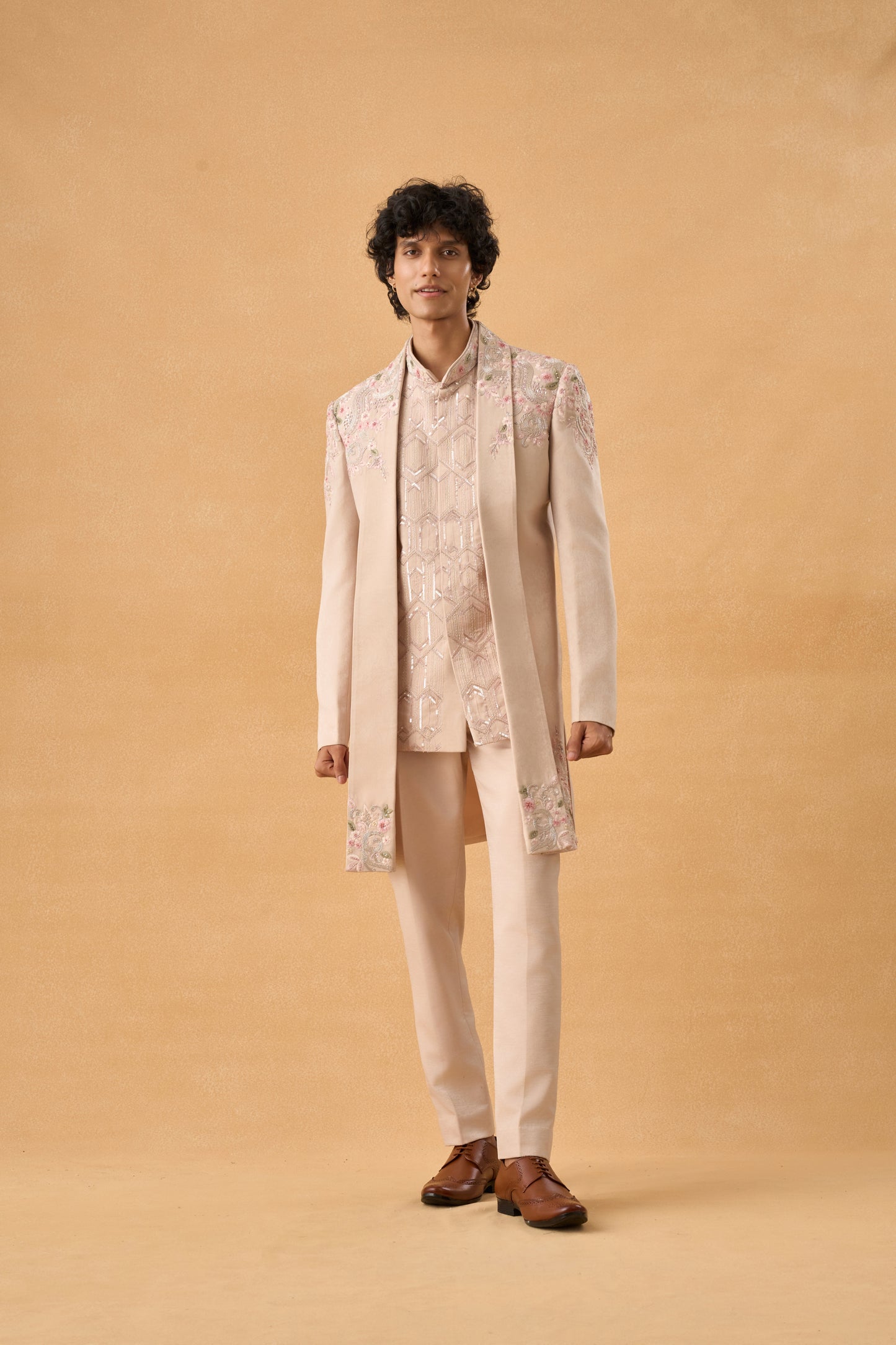 Beige Long Open Jacket Indo western Set