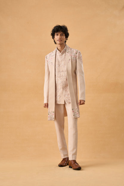 Beige Long Open Jacket Indo western Set