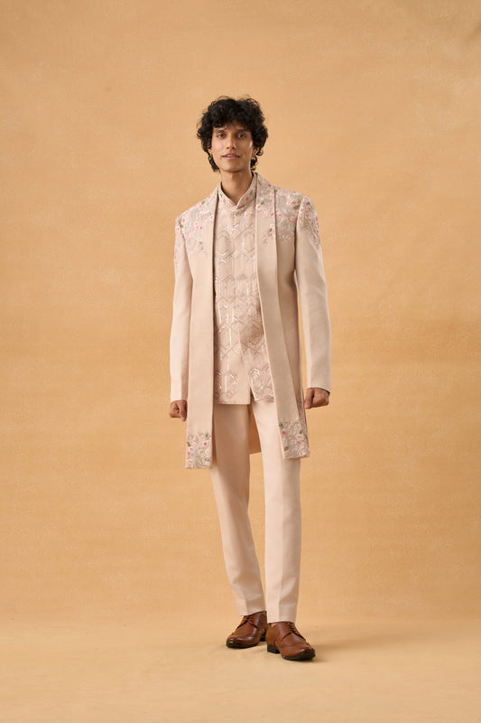 Beige Long Open Jacket Indo western Set