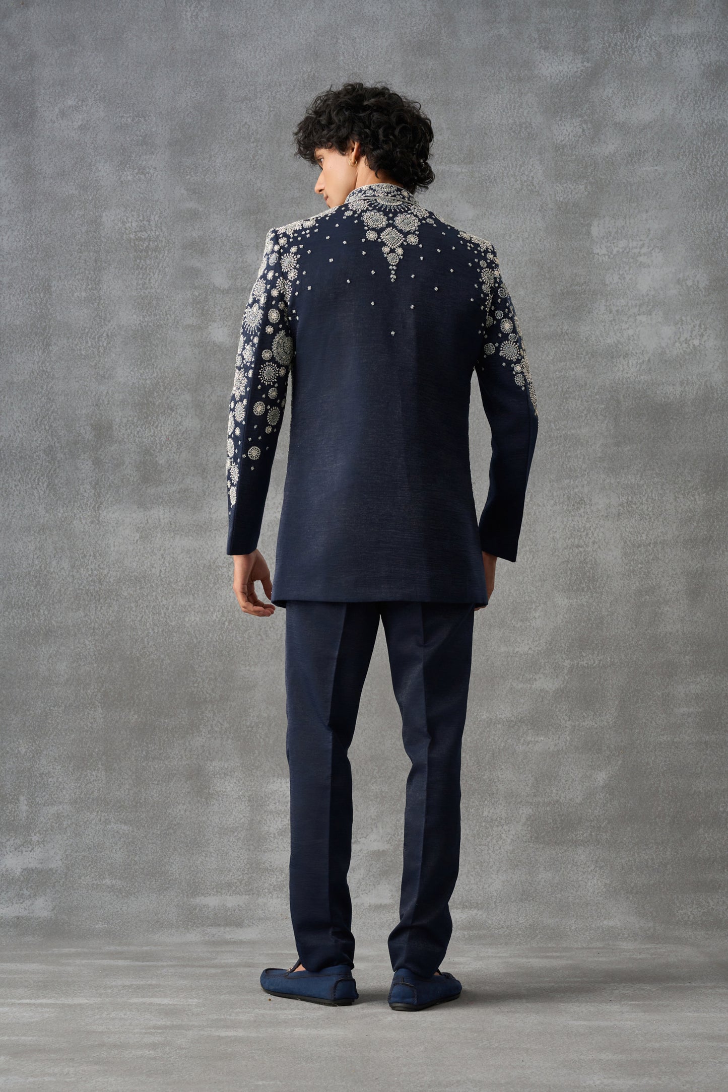 Navy Blue Bandhgala Indowestern Set In Suede