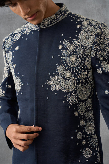 Navy Blue Bandhgala Indowestern Set In Suede