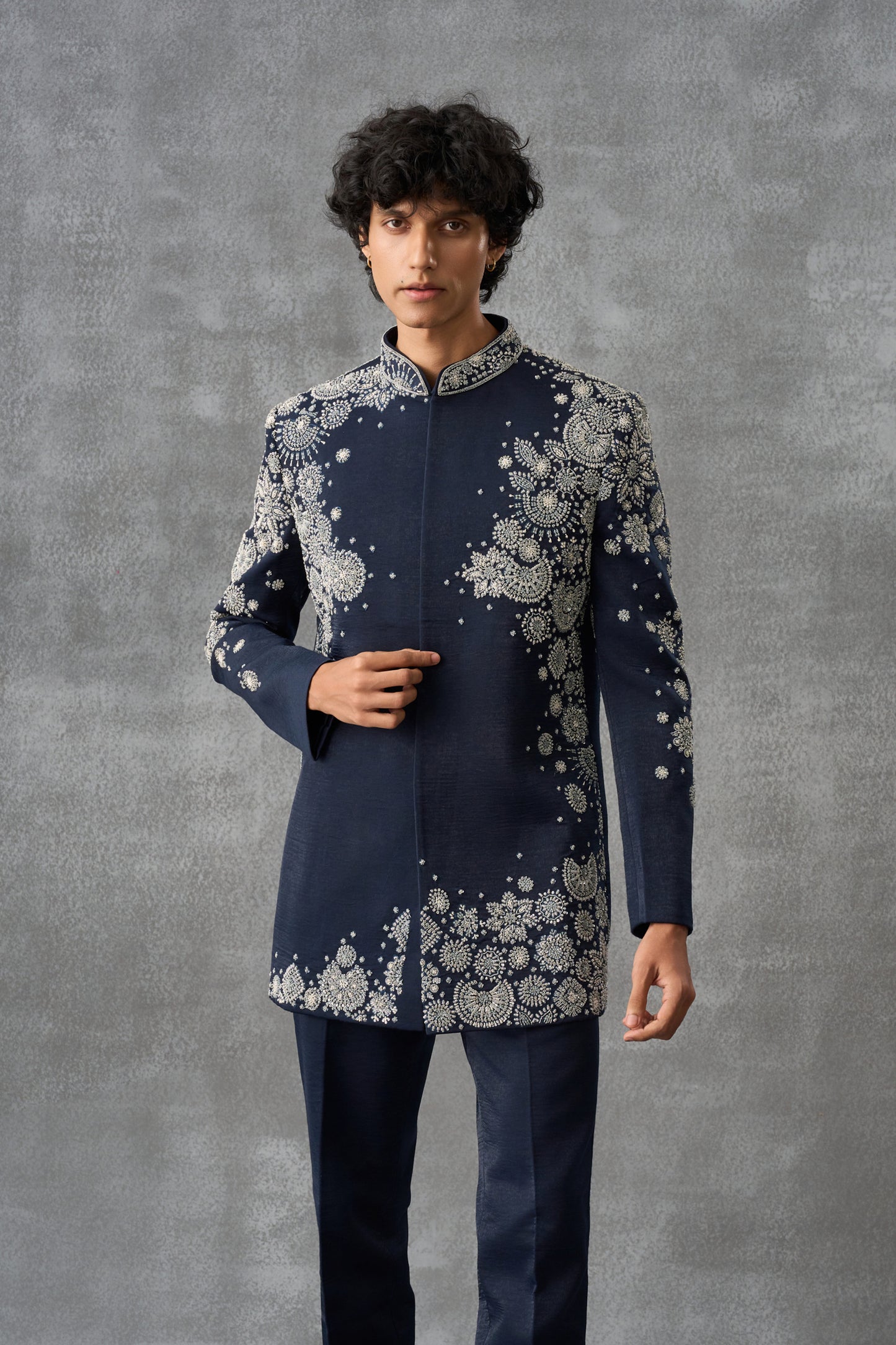 Navy Blue Bandhgala Indowestern Set In Suede