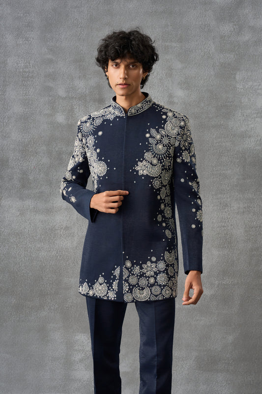 Navy Blue Bandhgala Indowestern Set In Suede