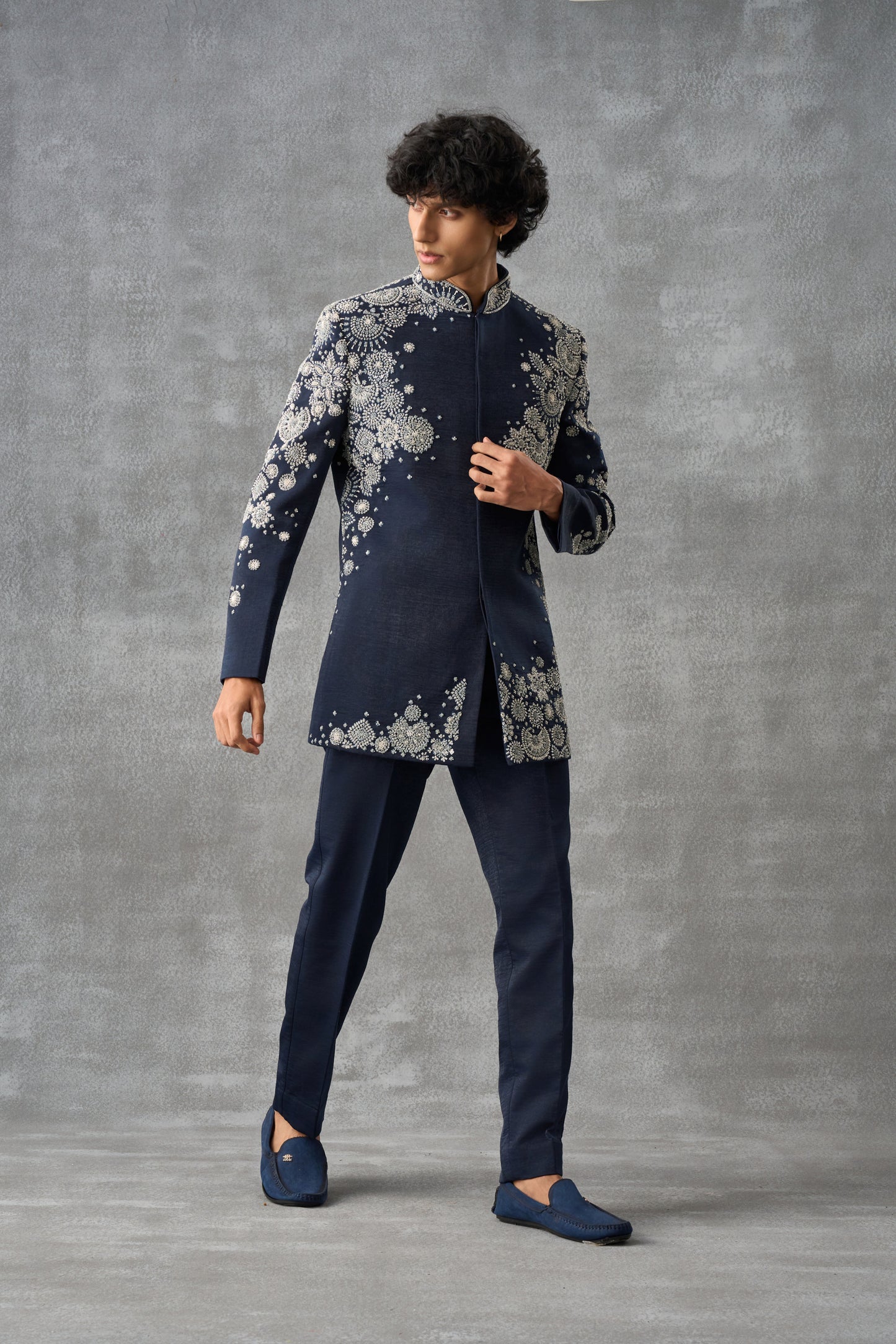 Navy Blue Bandhgala Indowestern Set In Suede