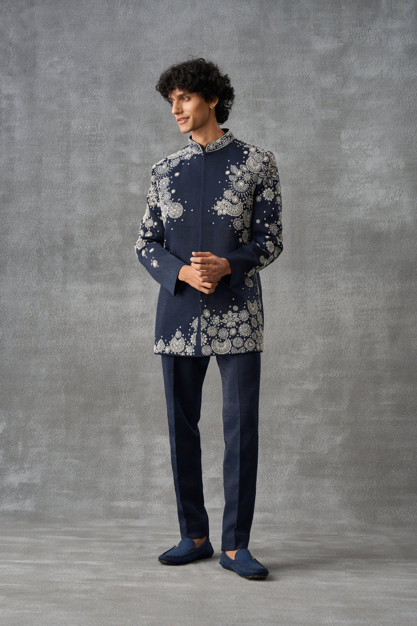 Navy Blue Bandhgala Indowestern Set In Suede