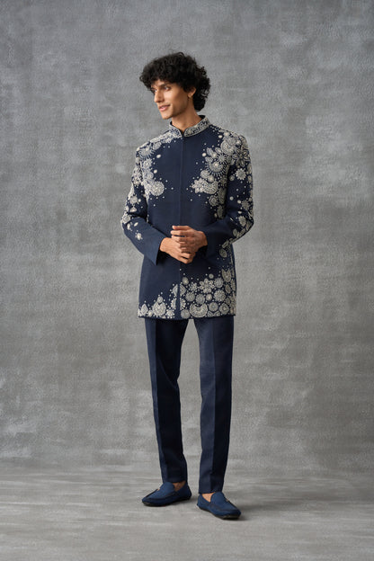 Navy Blue Bandhgala Indowestern Set In Suede