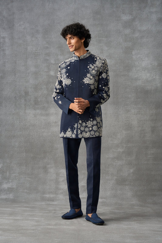 Navy Blue Bandhgala Indowestern Set In Suede