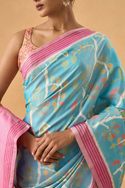 Powder Blue Patola Silk Saree With Hand Weave Figure Motif