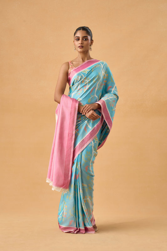 Powder Blue Patola Silk Saree With Hand Weave Figure Motif