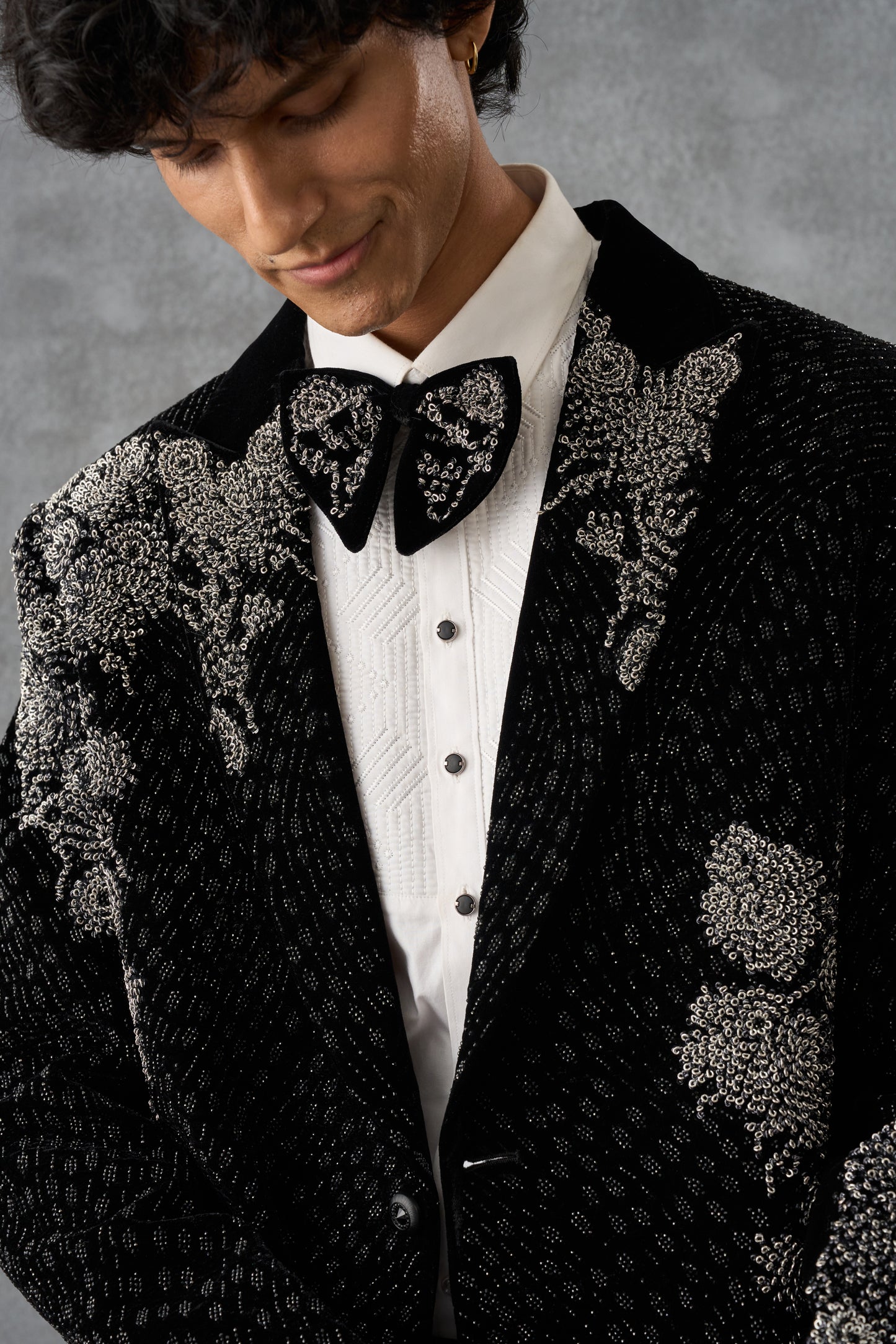 Black Tuxedo Set With Silver Handwork Detailing