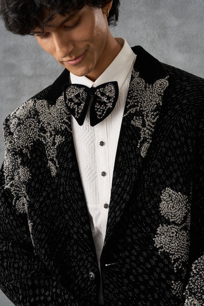 Black Tuxedo Set With Silver Handwork Detailing