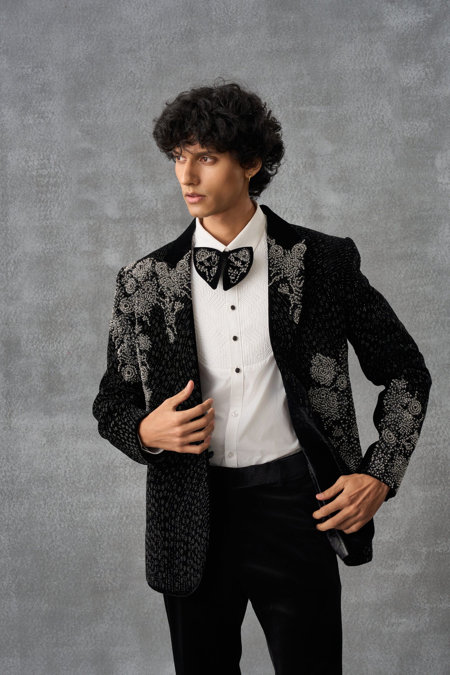 Black Tuxedo Set With Silver Handwork Detailing