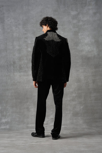 Black Tuxedo Set With Silver Handwork Detailing
