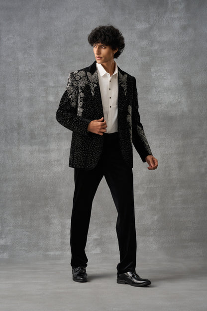 Black Tuxedo Set With Silver Handwork Detailing