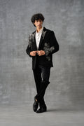 Black Tuxedo Set With Silver Handwork Detailing