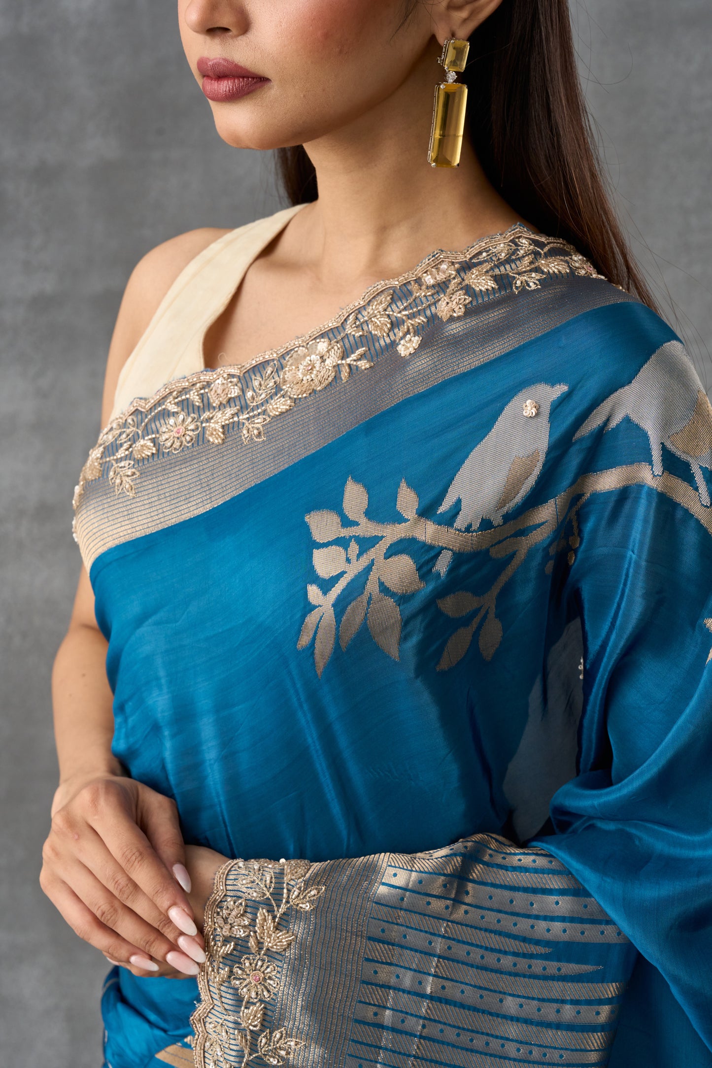Teal Blue Upada Silk Saree With Golden Weaving