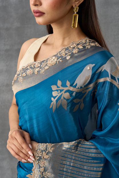 Teal Blue Upada Silk Saree With Golden Weaving