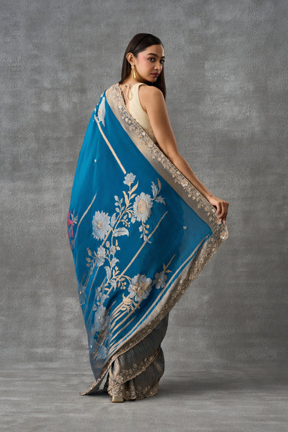 Teal Blue Upada Silk Saree With Golden Weaving