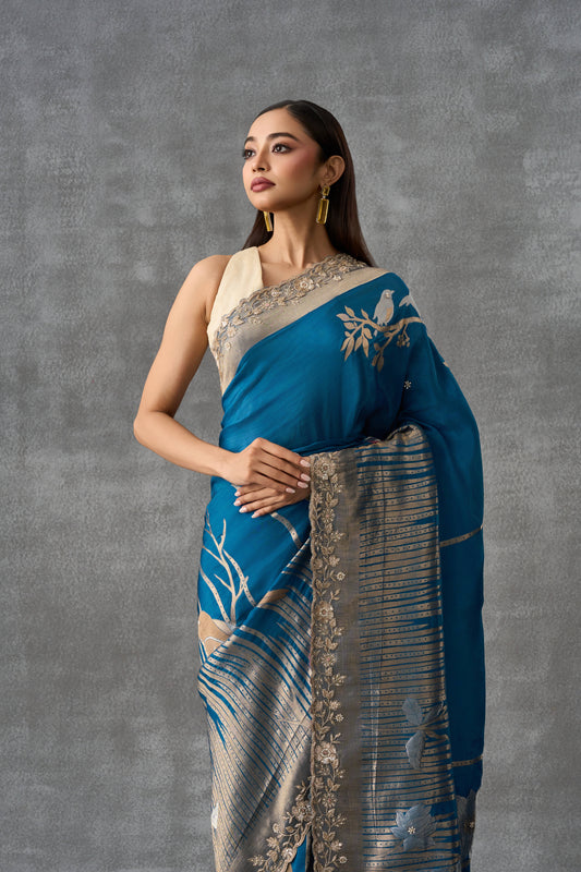 Teal Blue Upada Silk Saree With Golden Weaving