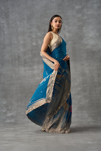 Teal Blue Upada Silk Saree With Golden Weaving