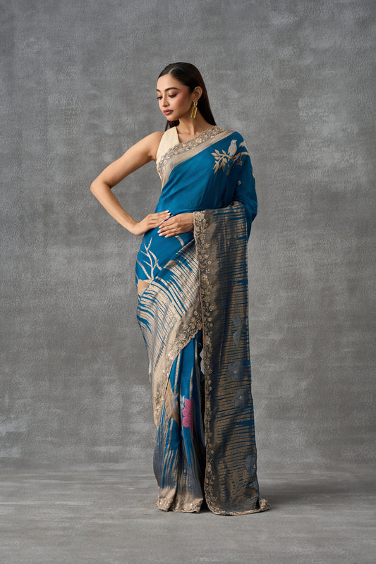 Teal Blue Upada Silk Saree With Golden Weaving