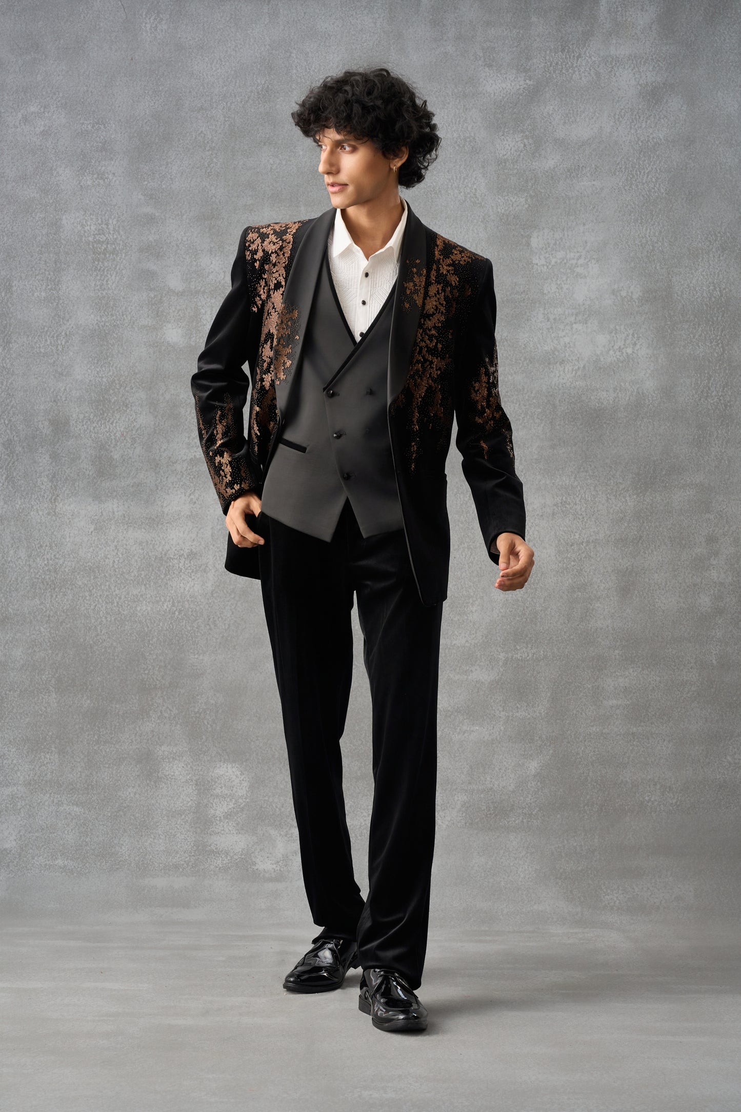 Black Tuxedo Set With Golden Hand Embellishments
