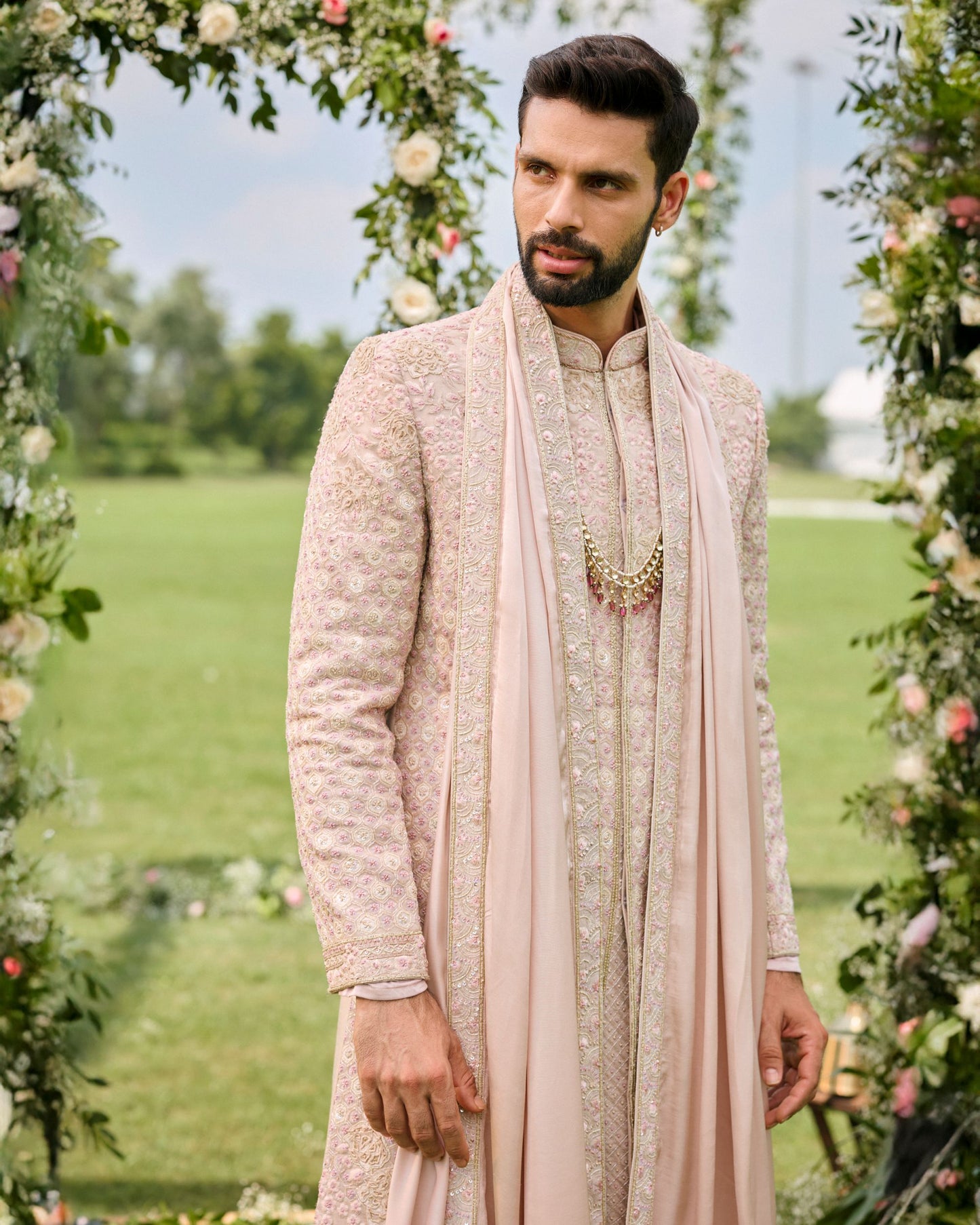 Beige Suede Velvet Sherwani Set With Zardosi Accents & French Knot Threadwork