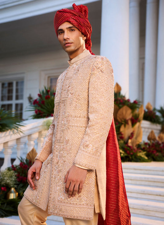 Almond Raw Silk Sherwani Set With Zardosi & French Knot Work