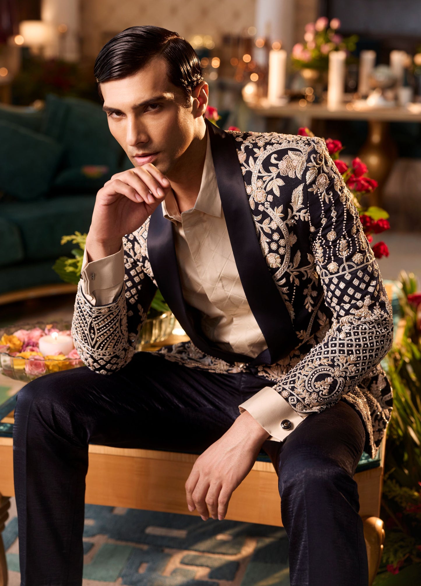 Navy Blue Tuxedo Set With Threadwork