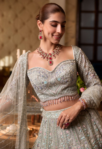 Pista Green Lehenga With Hand Work Floral Motif Embroidery